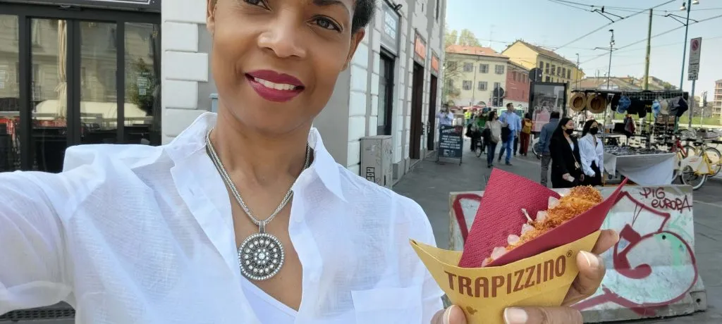 woman with street food in italy